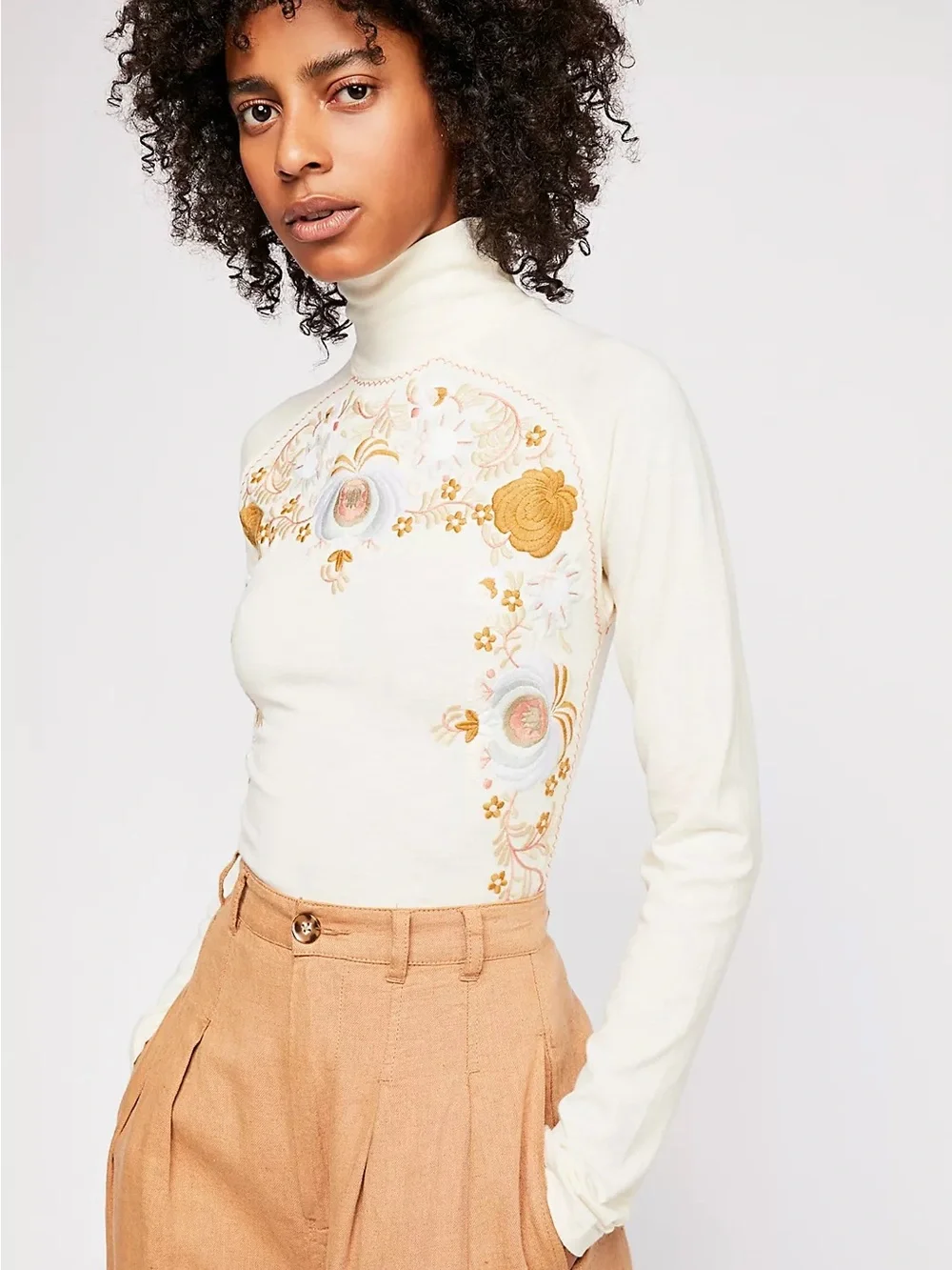 Free People Disco Rose Embroidered Turtleneck Top Ivory XS/S
